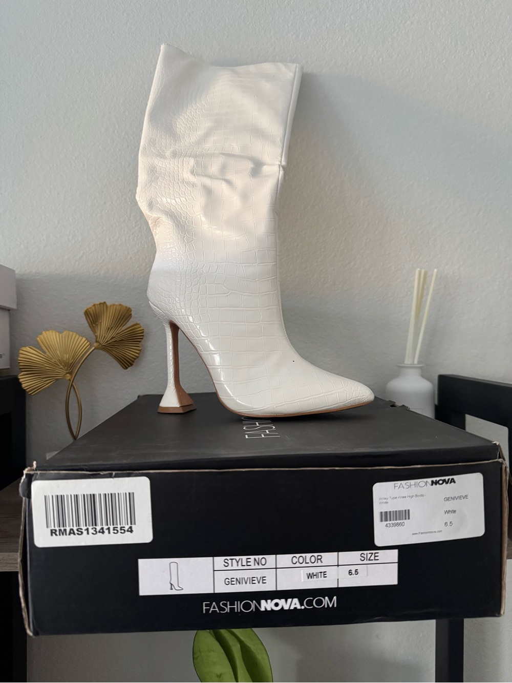 Fashion Nova White Croc-Embossed Slouch Stiletto Boot